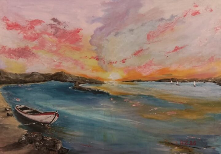 Rožinis saulėlydis įlankoje